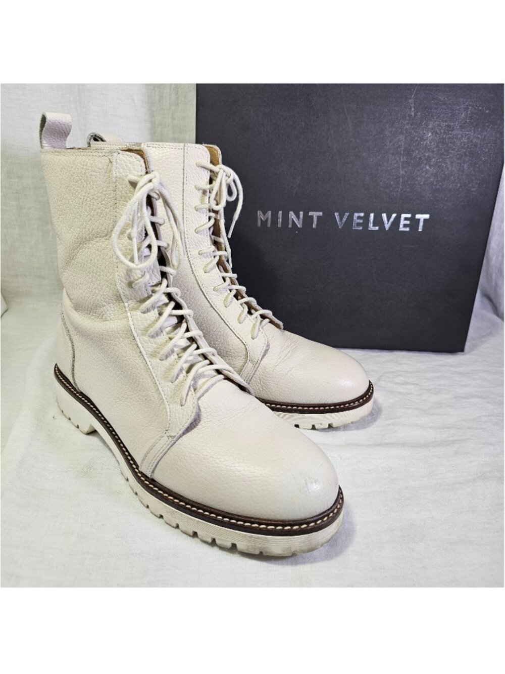 Mint Velvet Chelsea Chalk Leather Combat Lace Up Biker Boots EU40 US9 Neutral